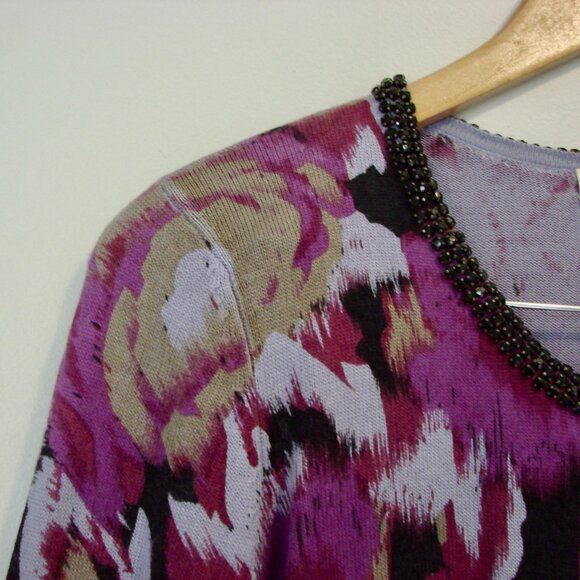 Cashmere Silk Sweater Cardigan Crewneck Preppy Purple Black Rhinestones Medium - Picture 5 of 13